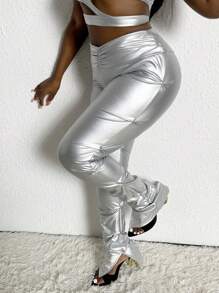 Slaydiva 女用金屬扭結開叉下擺長褲 - 銀色 - 查看 1