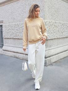 SHEIN Essnce Women's Badge Letter Embroidery Raglan Sleeve Sweatshirt - Khaki - View 6