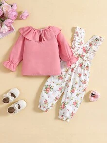 Girls' Ruffle Edge Long Sleeve Overalls Set - Pink - View 2