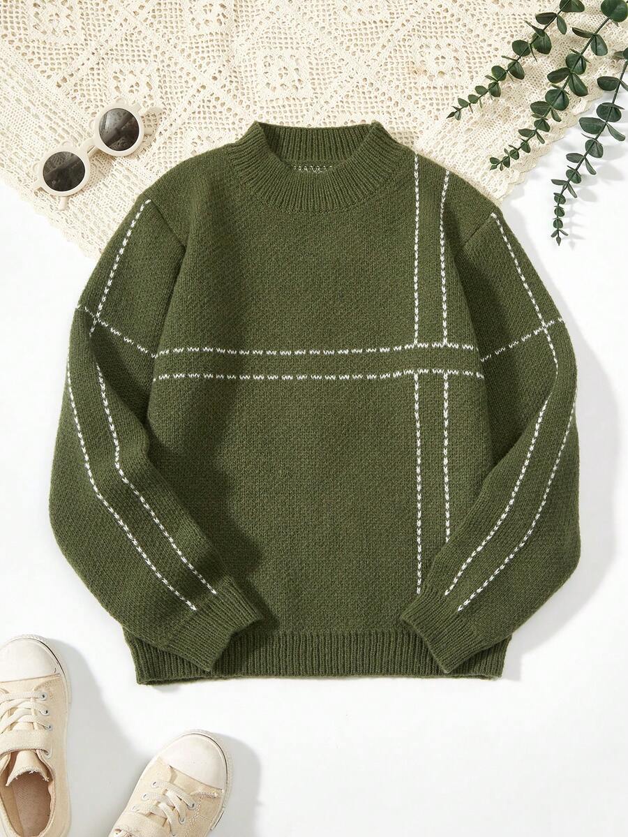 SHEIN Cậu bé Tween Sọc Hợp thời Đúng mốt Áo len - xanh quân đội - Xem 1