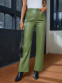 SHEIN Privé Quý cô Thường xuyên Thẳng Dài Quần - màu xanh lá - Xem 4