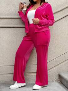 Calvaya Women's Plus Size Hooded Zipper Front Jacket And Wide Leg Pants Two Piece Set - Hot Pink - View 7