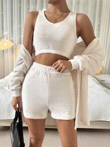 SHEIN Essnce 毛茸茸保暖上衣、短褲和夾克 3 件套 - 白色 - 查看 4