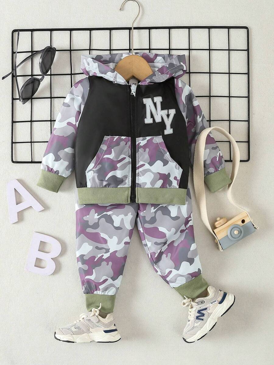 Baby Boys' Camo Letter Print Jacket And Pants Set - Green - View 1