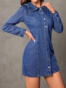 SHEIN Privé Long Sleeve Denim Dress With Ruffle Hem