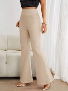 SHEIN Essnce Women's High Waist Flared Long Pants - Apricot - View 3