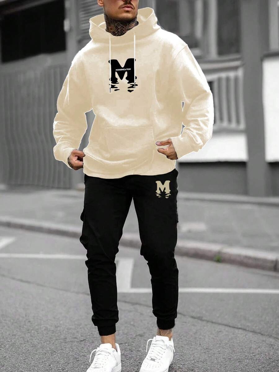 Manfinity Homme Men Plus Letter Graphic Kangaroo Pocket Drawstring Hoodie & Sweatpants - Multicolor - View 1