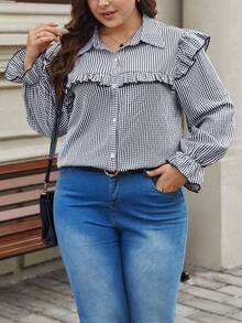 SHEIN Frenchy 大码女士条纹荷叶边衬衫 - 黑與白 - 查看 4