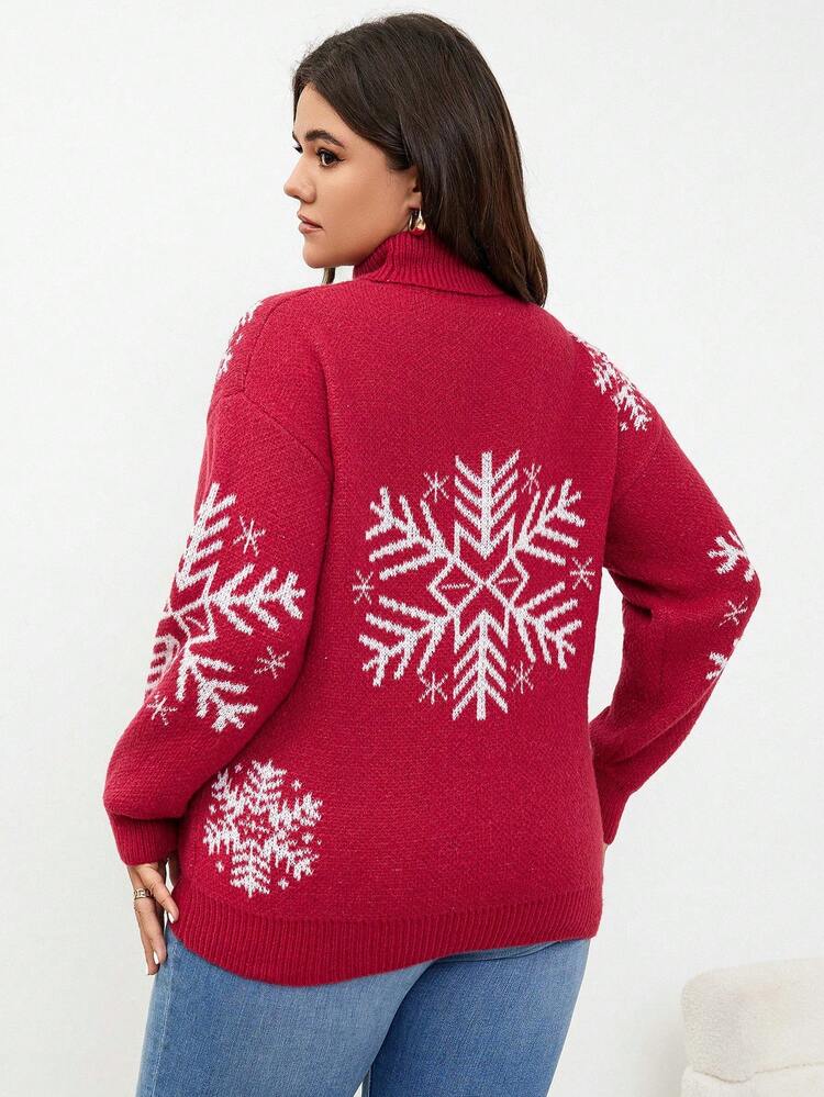 Plus Size Snowflake Patterned Turtleneck Sweater Pullover