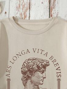 INAWLY Women's Plus Size Sculpture Graphic Drop Shoulder Sweatshirt With Slogan Print, ART IS LONG, LIFE IS SHORT, For Winter Pullover Fall - Beige - View 4