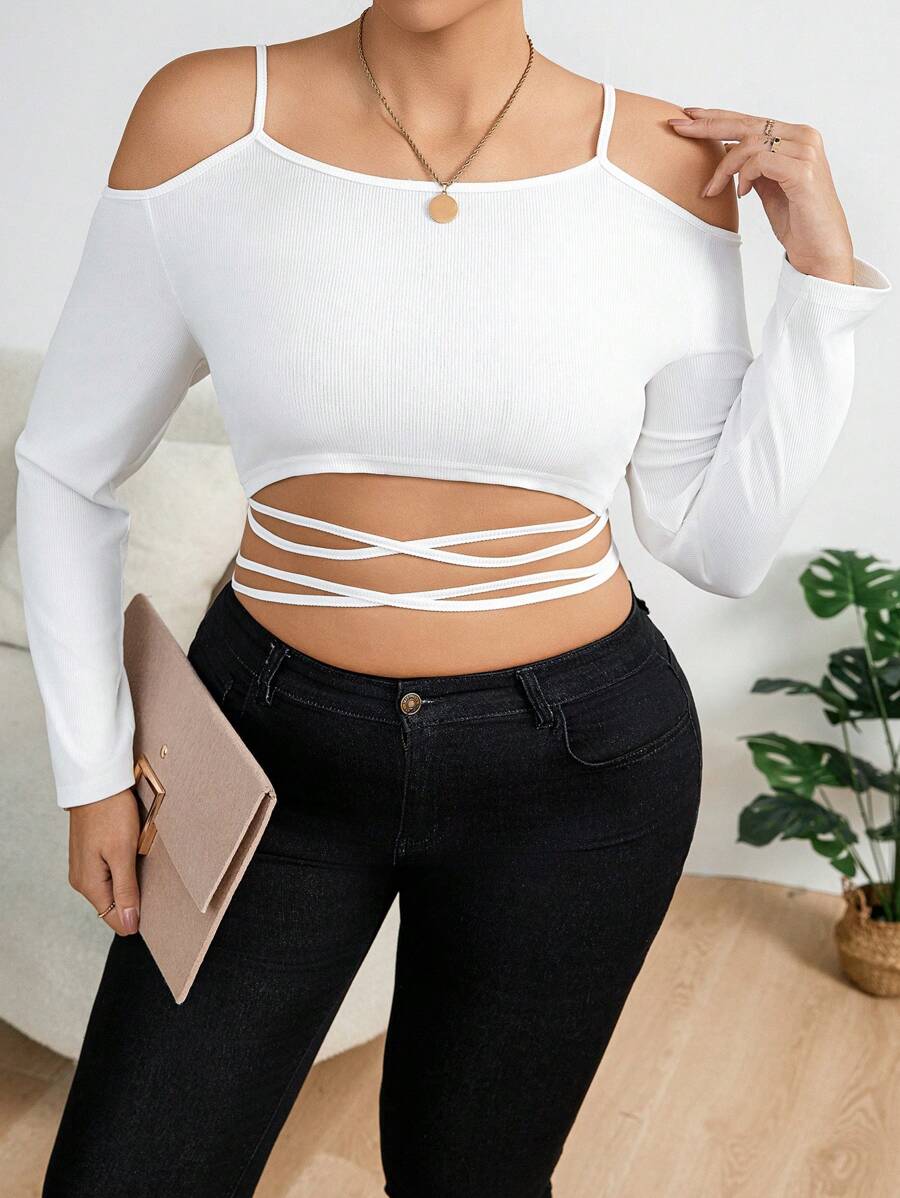 Celure Women's Plus Size Open Shoulder Crisscross Tie Top - White - View 1
