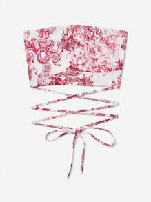 Soleia 女性經典花卉印花十字帶平口背心上衣 - 紅白色 - 查看 3