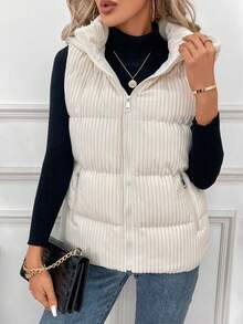 SHEIN Frenchy 女士無袖高領純色蓬蓬棉外套 - 杏色 - 查看 5