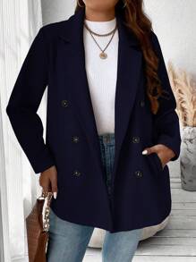 SHEIN Franclia Của phụ nữ Đôi ngực Màu thuần Len Áo khoác - Màu xanh hải quân - Xem 6