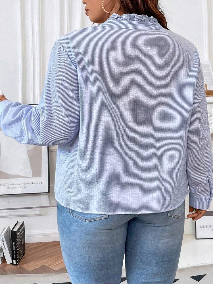 Plus Size Striped Frilled Hem Decoration Casual Shirt
