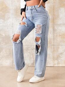 Phong cách đường phố Phù hợp thẳng Quần jean Distressed - Rửa nhẹ - Xem 5