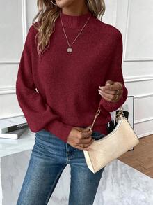 SHEIN Essnce Casual Women'S Stand Collar Raglan Sleeve Sweater - Burgundy - View 5