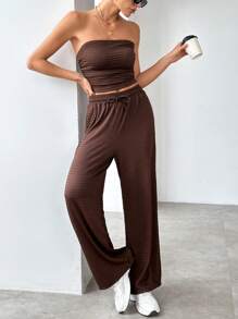 SHEIN Essnce Của phụ nữ Đơn giản Màu thuần Ống ngọn Và Quần Hai chiếc Bộ - màu nâu - Xem 5