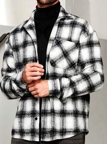 Manfinity VCAY Men's Plaid Print Pocket Patched Oversized Overcoat - Black and White - View 1