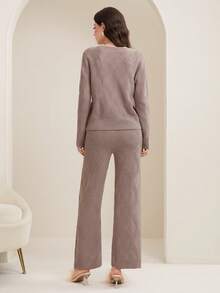 Mulvari Của phụ nữ Màu thuần Áo len Hai chiếc Bộ - Màu Khaki - Xem 2