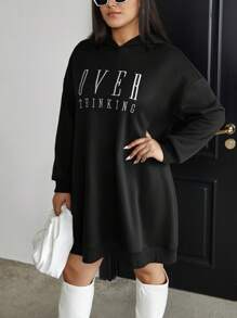 SHEIN Essnce 大码女式字母印花卫衣连衣裙 - 黑色 - 查看 4