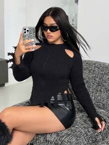 SHEIN ICON Plus Size Women's Vintage Distressed Hollow Out Zip-front Cardigan - Black - View 2