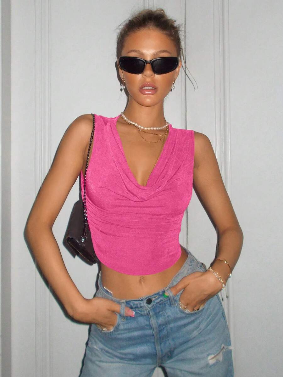 SHEIN ICON 女式粉紅垂褶領背心 - 粉色 - 查看 1