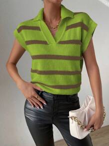 SHEIN Unity Women's Striped Sweater Vest With Collar - Green - View 5