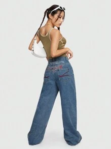 ROMWE Street Life Quần Jeans Nữ Dáng Thẳng Đơn Giản Màu Trơn Thêu Chữ Vine Phong Cách Đường Phố - Màu xanh lam - Xem 2