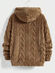 GENTILAND Loose Fit Men's Knitted Casual Hooded Jacket With Letter Patch And Plush Lining - Coffee Brown - View 2