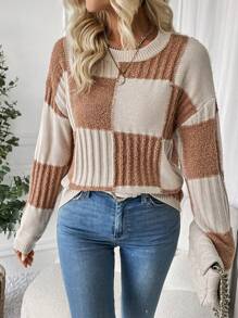 SHEIN Essnce 女士圓領色塊毛衣套頭 - 卡其色 - 查看 1