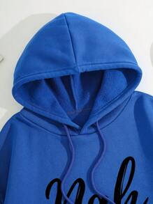 SHEIN LUNE 女字母印花抽繩連帽衛衣 - 藍色 - 查看 6