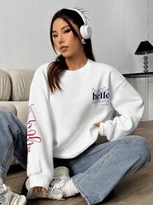 SHEIN Unity Của phụ nữ Lá thư In Vòng cổ Thả vai Áo nỉ - trắng - Xem 4