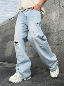 Manfinity EMRG Loose Fit Men's Distressed Jeans - Light Wash - View 1