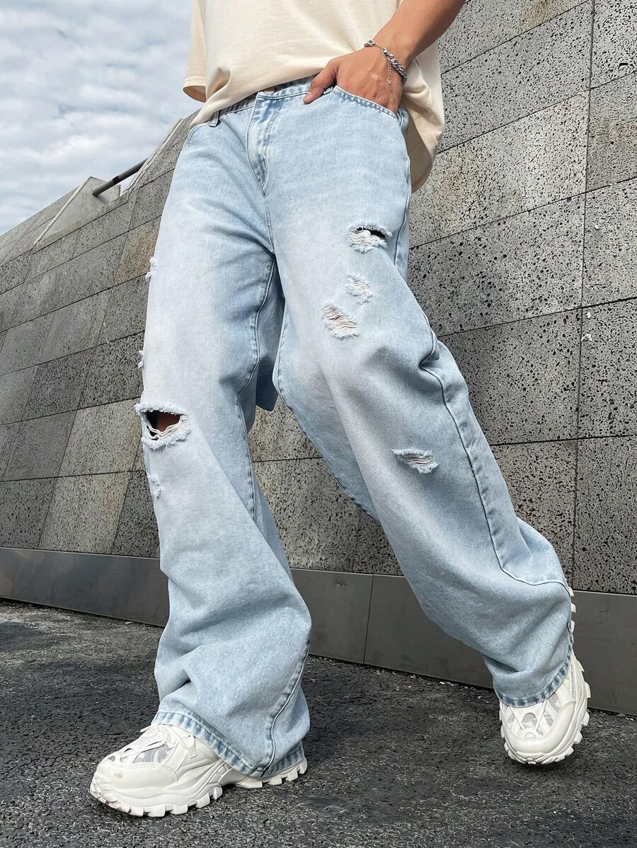 Manfinity EMRG Loose Fit Men's Distressed Jeans - Light Wash - View 1