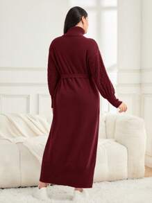 Mulvari Plus Size High Collar Lantern Sleeve Belted Sweater Dress - Burgundy - View 5