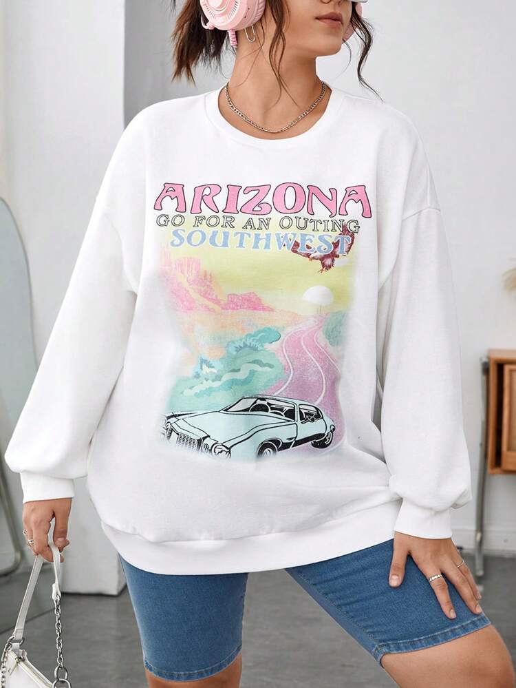 Plus Car & Letter Graphic Drop Shoulder Sweatshirt
