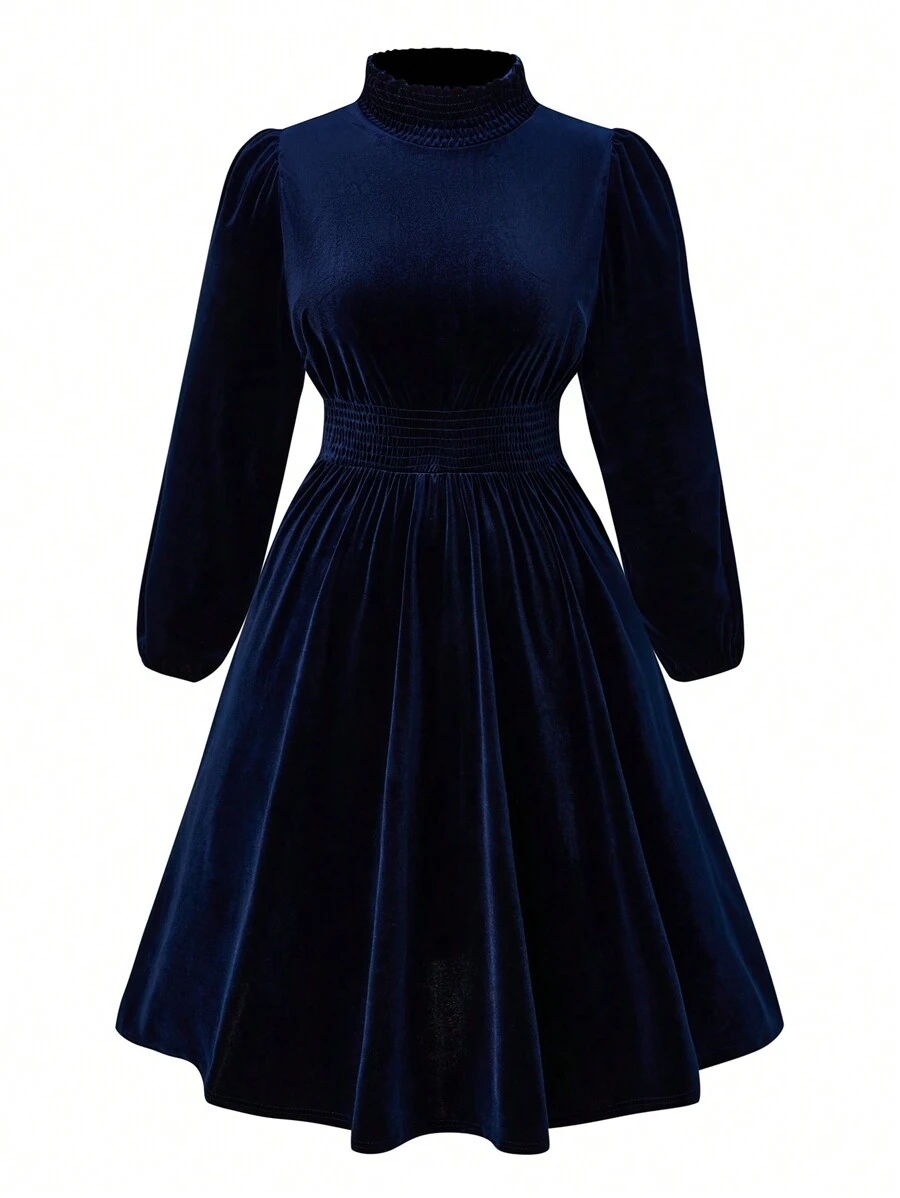 SHEIN Clasi Kích thước lớn Của phụ nữ Nhung Đứng cổ áo Đầm - Màu xanh hải quân - Xem 1