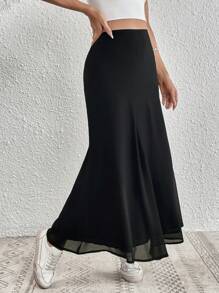 Flirla 纯色高腰网纱半身裙 女装秋季款 - 黑色 - 查看 5