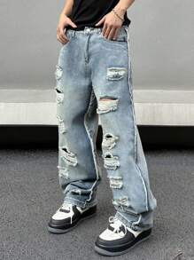 Manfinity EMRG 男士磨邊&磨損細節漂色牛仔褲 - 藍色 - 查看 6