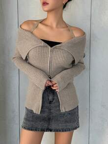 DAZY 女式拉鍊開合掛脖開襟衫 - 卡其色 - 查看 4