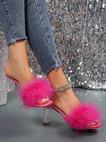 Summer New Arrival Peach Red High Heels, Chunky Heels, Sexy Clear Crystal Fluffy Slides, Wearable Fashionable Sandals With Open Toe - Hot Pink - View 6