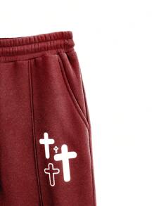 Manfinity EMRG Men's Cross Printed Drawstring Jogger Pants, For Rave - Burgundy - View 4