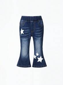 Baby Girls' Flared Denim Pants With Star Print - Medium Wash - View 1