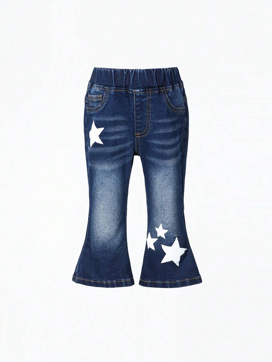 Baby Girls' Flared Denim Pants With Star Print - Medium Wash - View 1