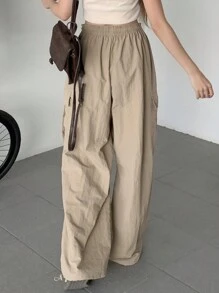 DAZY Women's Solid Color Drawstring Waist Wide-leg Pants