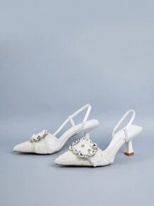 婚禮晚宴女性高跟鞋,白色性感尖頭塑料皮革涼鞋,帶踝帶和金屬扣,細高跟 - 白色 - 查看 3