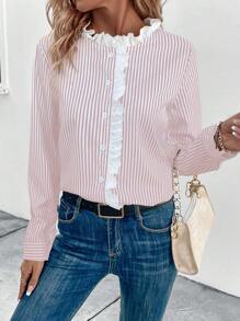 SHEIN Essnce Ladies' Pink Striped Shirt With Lace Trimmed Collar - Pink - View 1