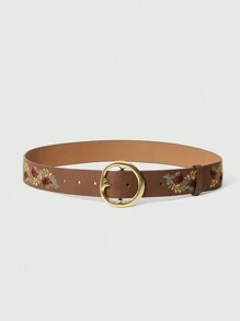 ROMWE Hippie 1 件女士棕色刺绣腰带，配不对称圆形带扣 - 棕色 - 查看 6