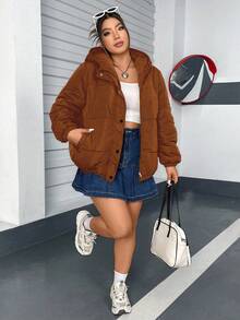 Flirla Áo khoác phao dài tay rộng rãi chống gió cỡ lớn cho nữ mùa đông - màu nâu - Xem 4